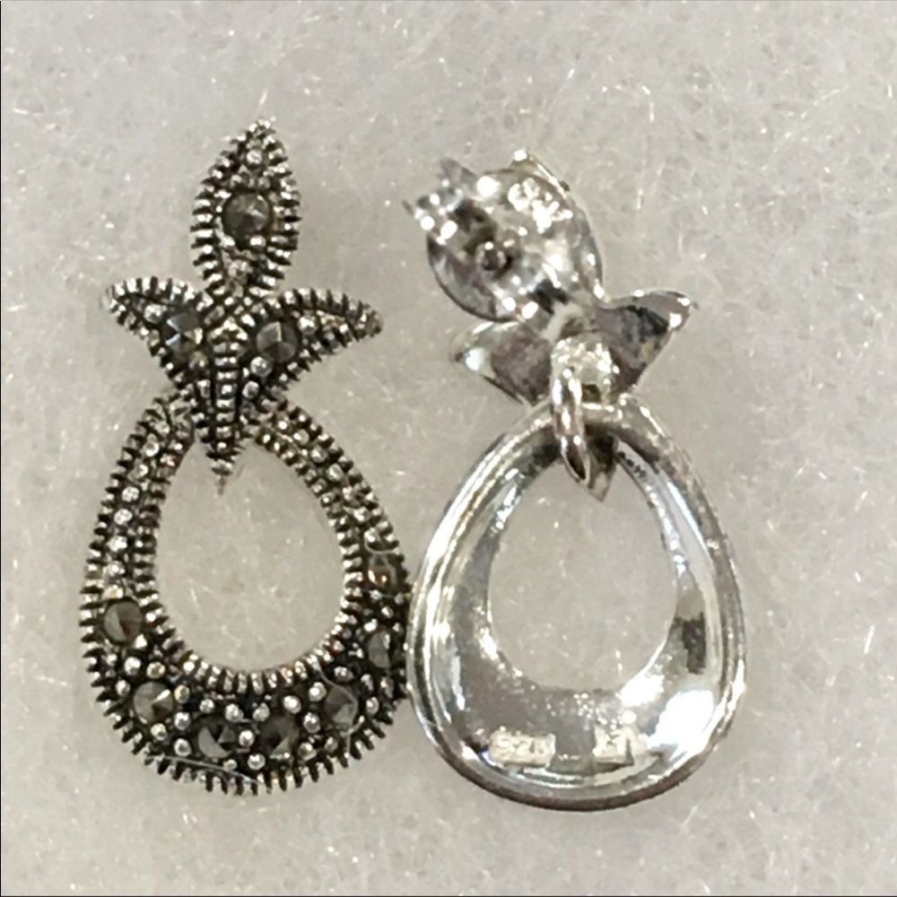 Fleur De Lis Style Marcasite Sterling Silver Drop Earrings - Picture 5 of 7